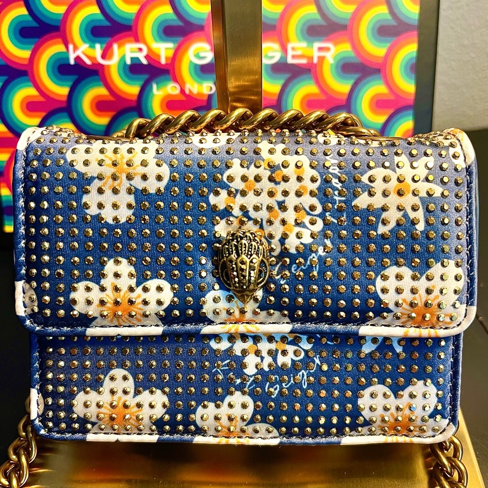 Kurt Geiger NEW Crossbody/shoulder Bag GoldCrystals/iconic Bird Head/blue Daisy